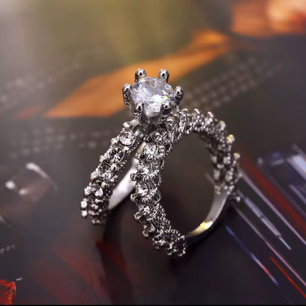 Anthropologie Luxury Crystal Wedding Ring Silver Women's Ring Set - Picture 2 of 8